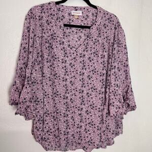 Molly‎ & Isadora 2X Pink Floral Boho Tunic Style V-Neck Blouse